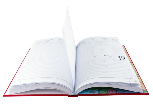 Opened red diary book, organizer book isolated on white background